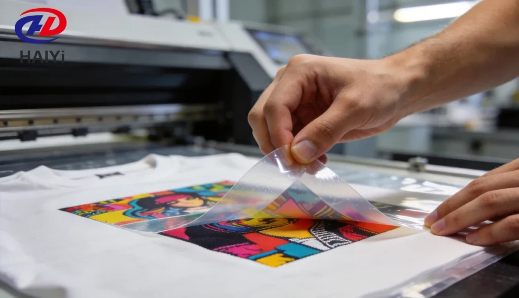 Peel the DTF transfer film off the printed PET sheet with both hands.