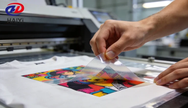 Peel the DTF transfer film off the printed PET sheet with both hands.