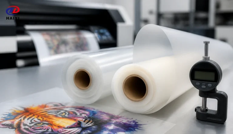 DTF film rolls of different thicknesses beside a precision thickness gauge
