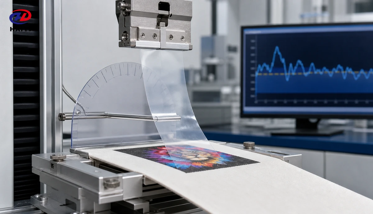 Controlled-angle peel fixture testing transparent DTF carrier film on a textile strip