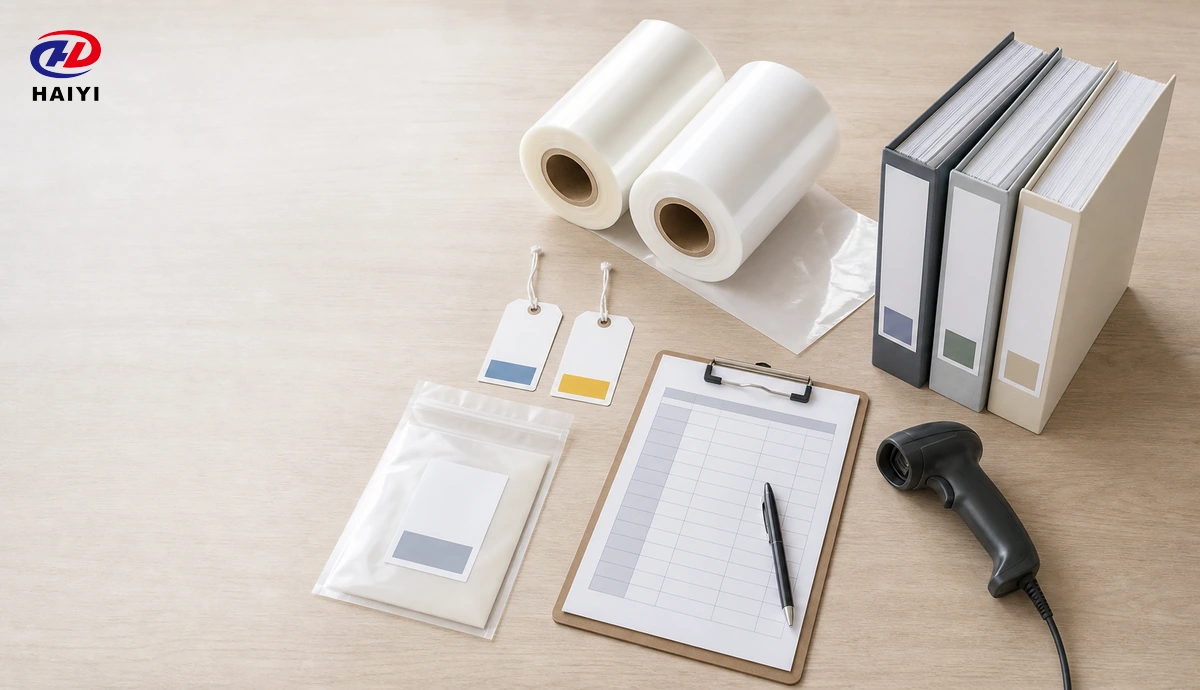Conceptual DTF film audit evidence with rolls, sample tags, folders, and checklist