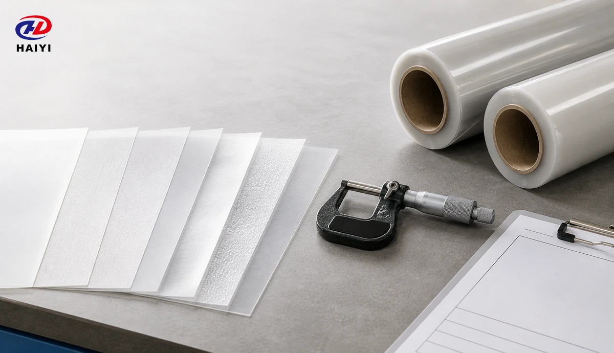Illustrative PET film samples, micrometer, rolls, and inspection form