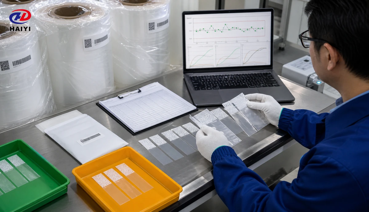 DTF film batch acceptance review with replicate specimens, force curves, and retained rolls