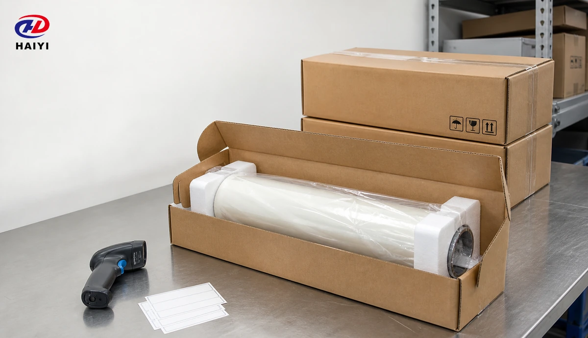 Illustrative DTF film roll protected inside a carton with end supports