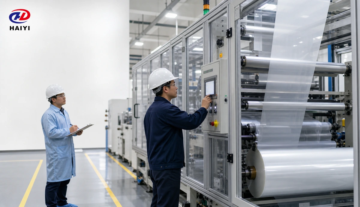 Conceptual auditor observing a DTF film coating and rewinding process