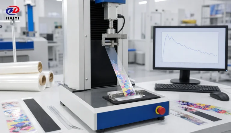 Laboratory tensile tester measuring DTF film release force from a printed textile transfer