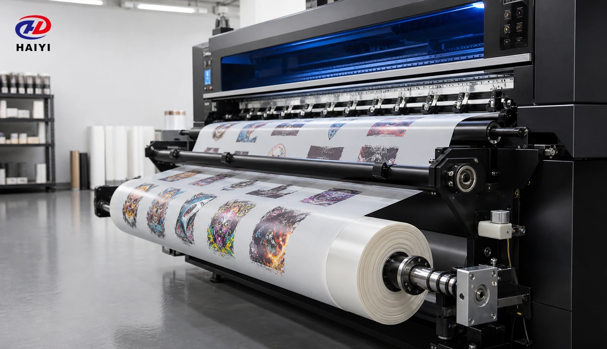 Wide DTF film roll feeding smoothly through a high-speed printing system