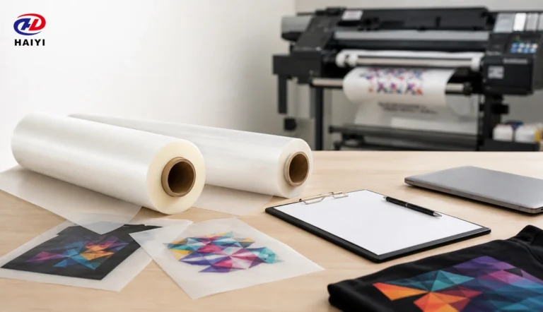 DTF film rolls and sample transfers on a supplier evaluation desk