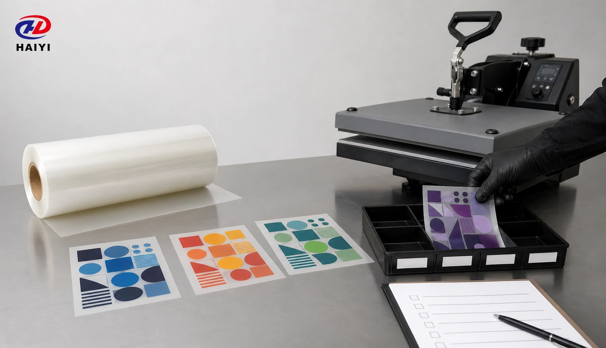 Conceptual DTF film sample validation with printed test sheets and heat press