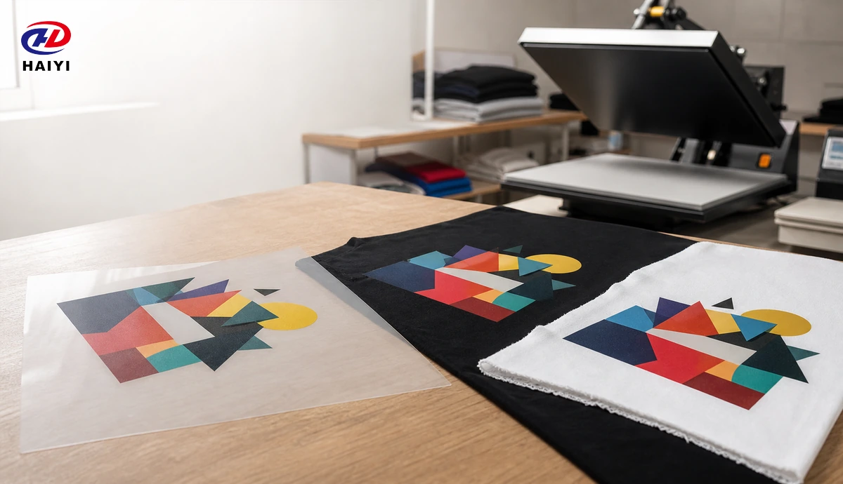 Illustrative DTF film sample and printed fabric swatches beside a heat press