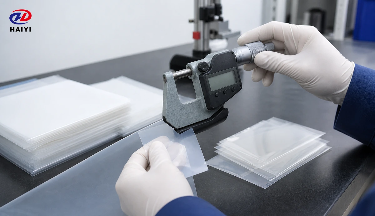 Quality technician measuring DTF film thickness with a precision micrometer