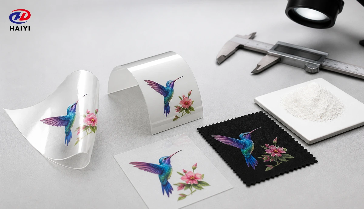 DTF film samples with different stiffness and printed transfer results under evaluation
