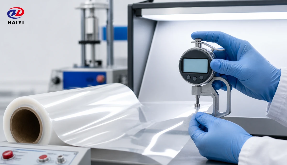 Quality inspector measuring DTF film during supplier evaluation