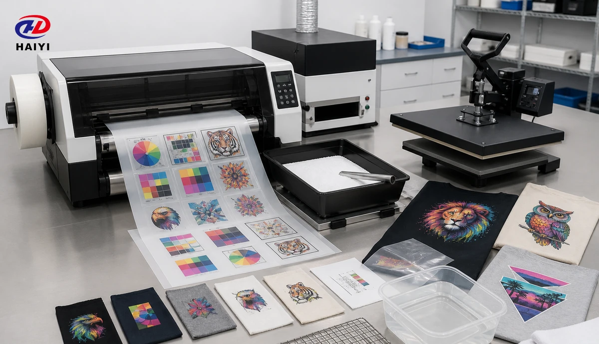 DTF film sample validation with printer, powder, heat press, and fabrics