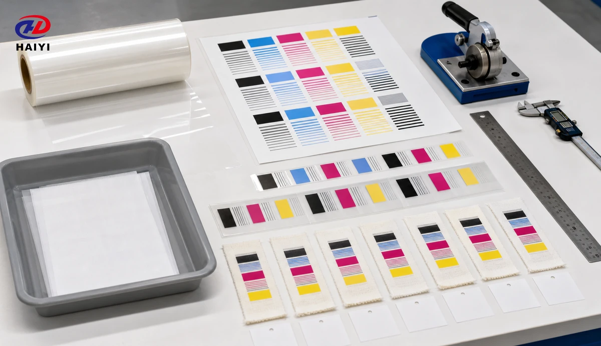Standardized DTF release-force specimens prepared with repeated artwork and textile strips
