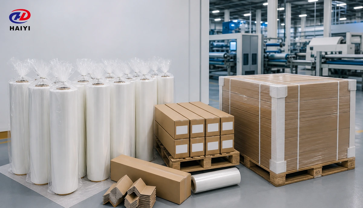 Finished DTF film rolls, cartons, and pallet at a batch release station