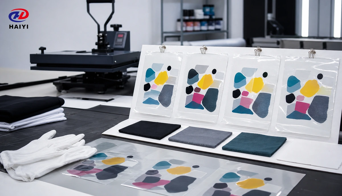 DTF film transfer samples and fabric swatches at a controlled testing bench