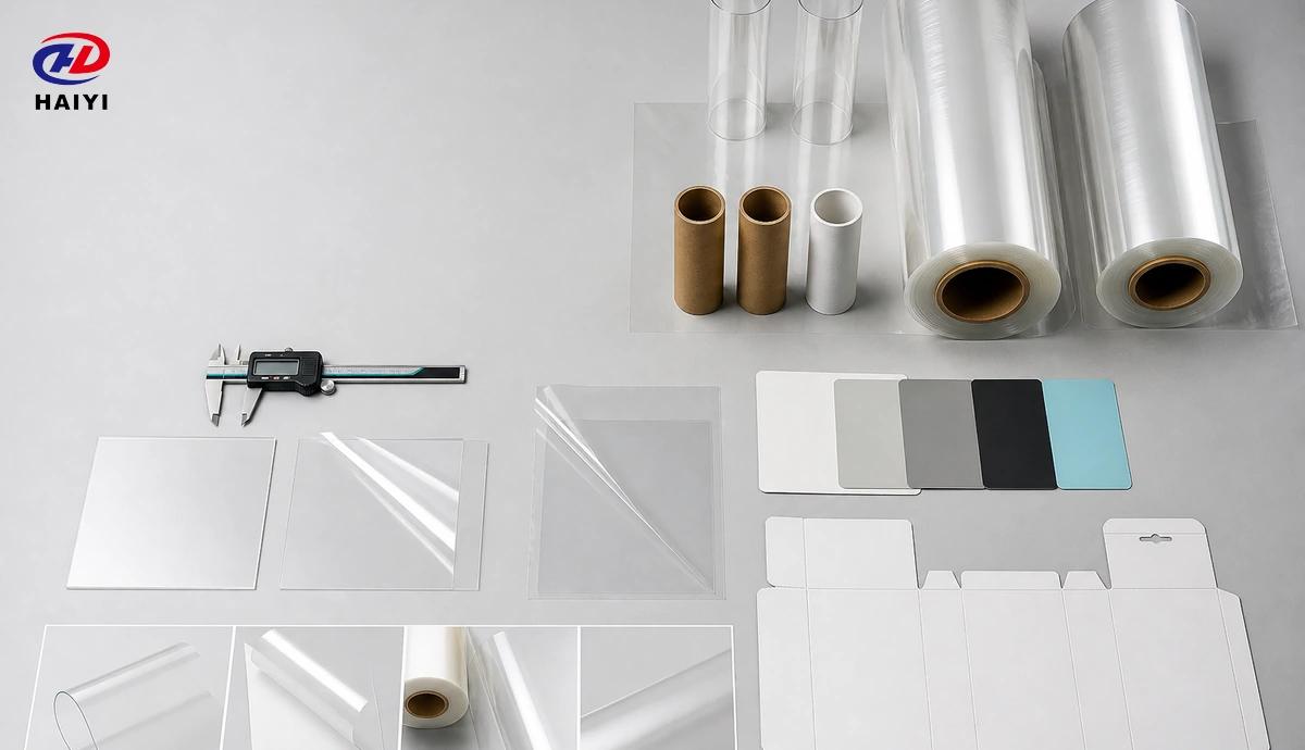 DTF film rolls, sheets, cores, caliper, and blank packaging options on a workbench