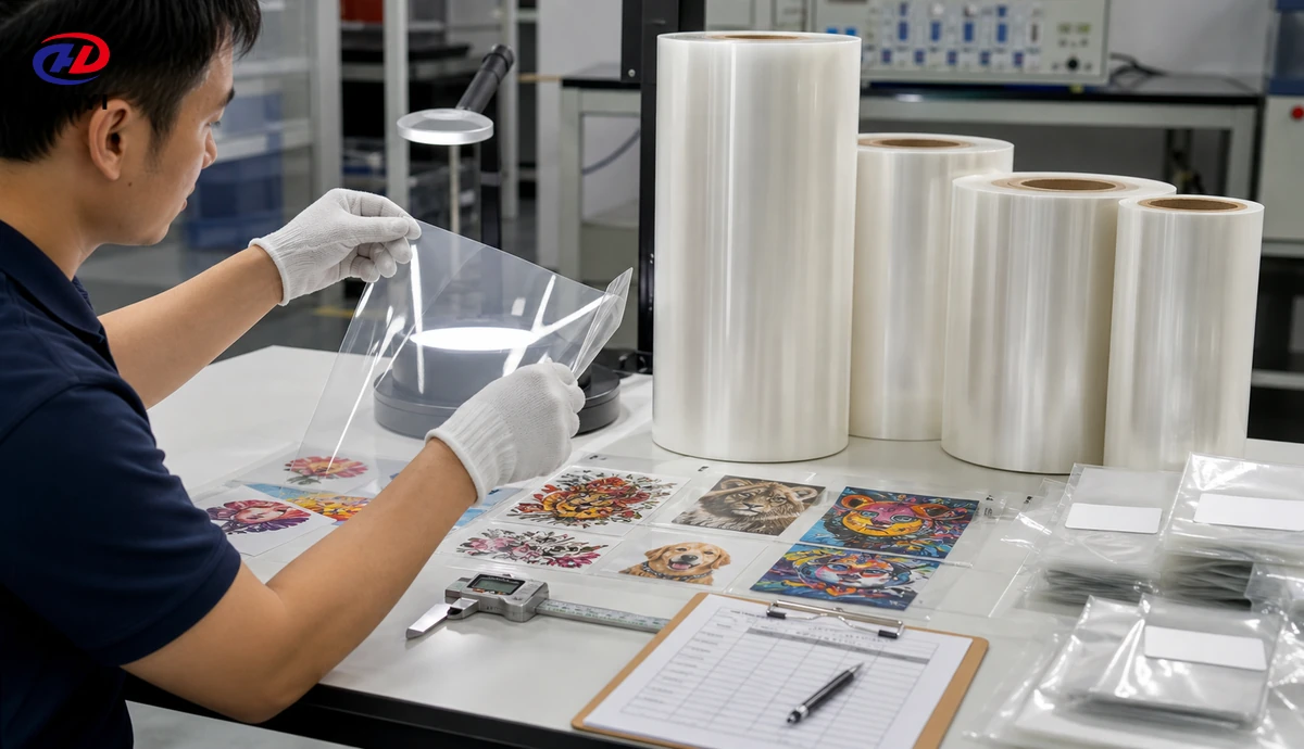 Technician checking DTF film and printed transfer samples for private label approval