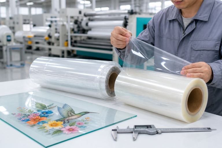 Quality-control inspection of UV DTF A and B film rolls in a factory
