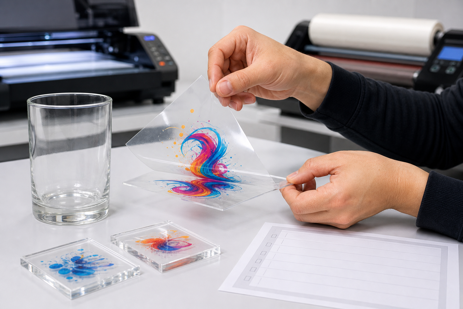Testing UV DTF A and B film layers on glass and acrylic samples