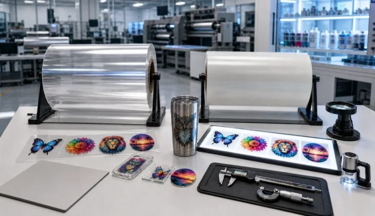 UV DTF film rolls and transfer samples arranged for importer quality inspection