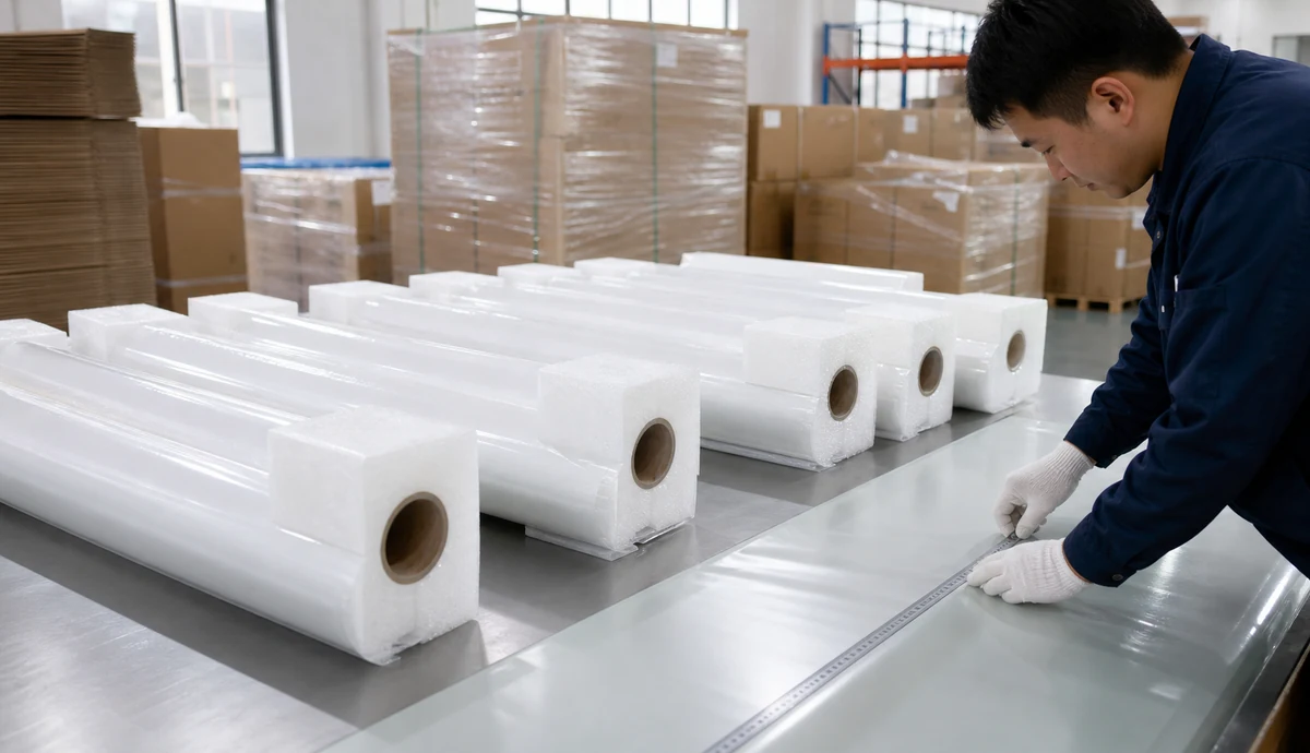 UV DTF film rolls inspected for width, edge alignment, and protective export packaging
