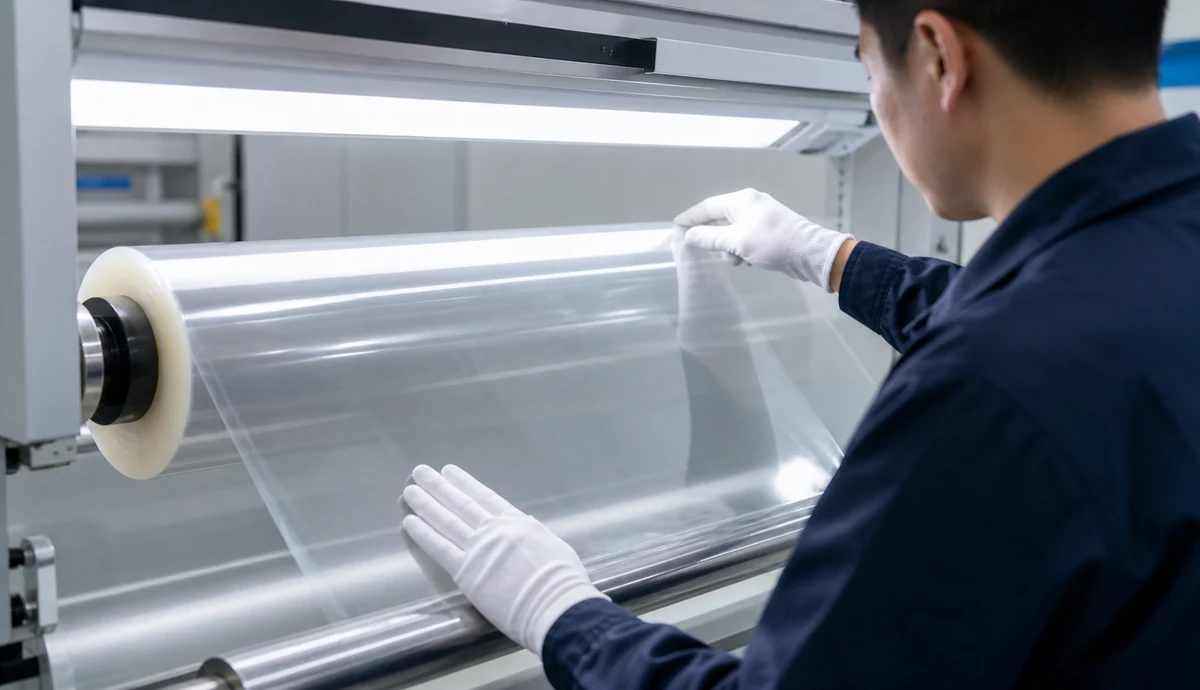 Quality inspector checking transparent UV DTF film for coating and surface defects