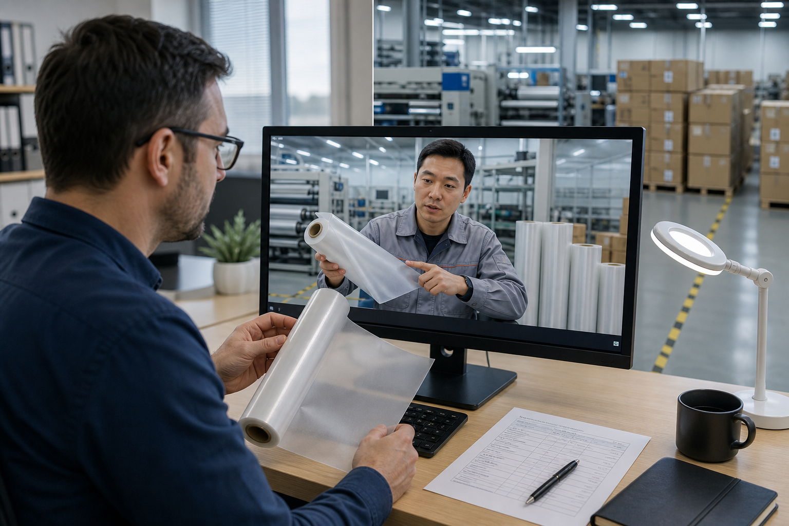 Buyer verifying UV DTF film samples with a factory engineer by video call