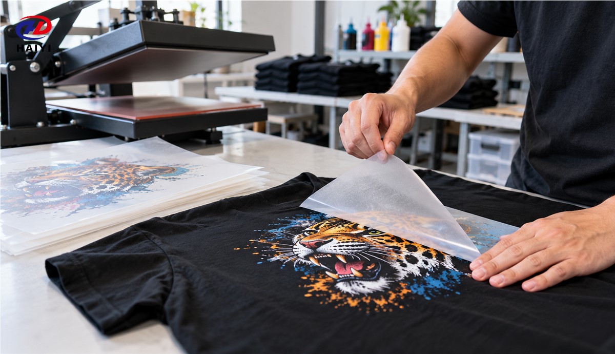 Operator checking DTF printer feed width and usable margins for sheet film