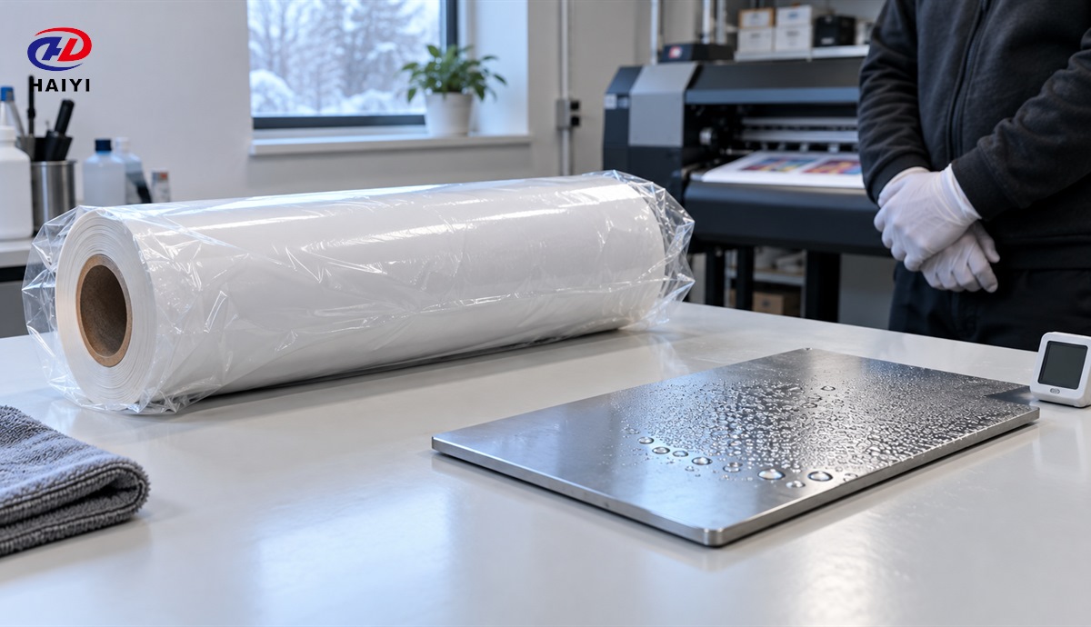 Sealed DTF film roll acclimating before opening to prevent condensation