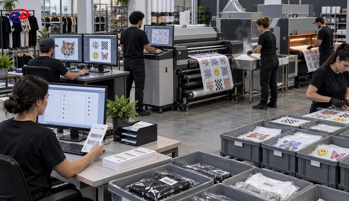 Connected DTF order printing curing and sorting workflow