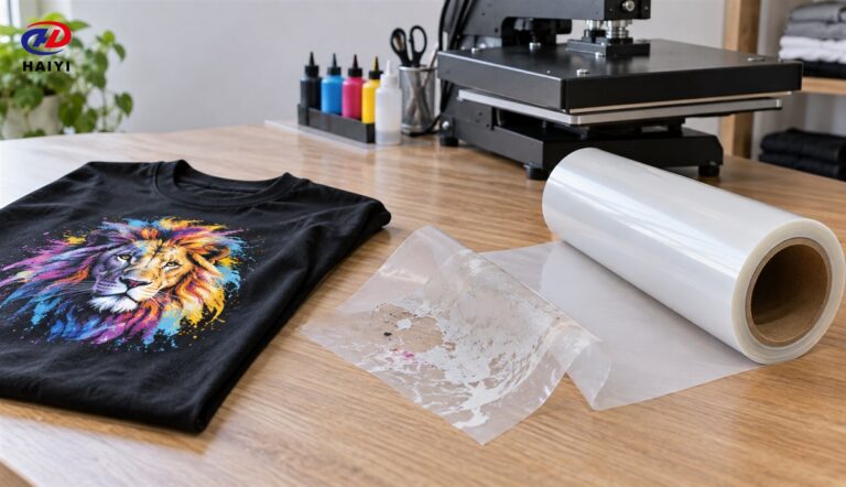 Used DTF carrier beside fresh film and a finished shirt