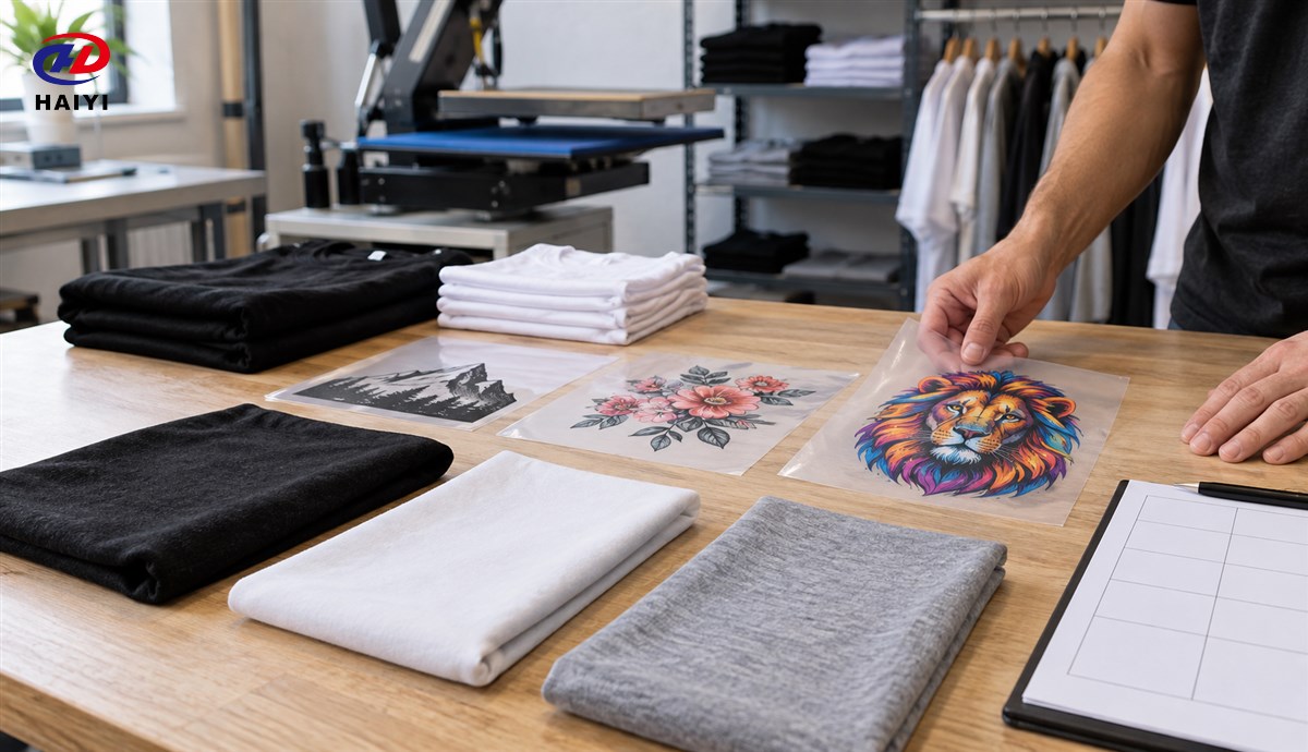 Fabric swatches and transfer samples used to select a garment printing method