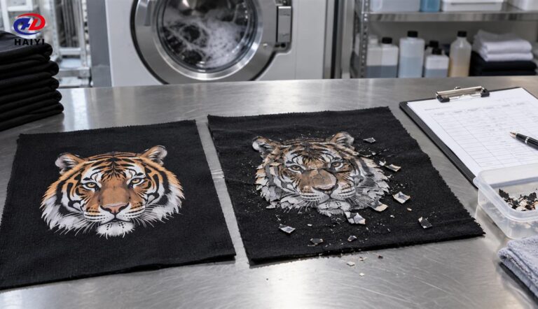 DTF prints compared before and after cracking and shedding wash damage