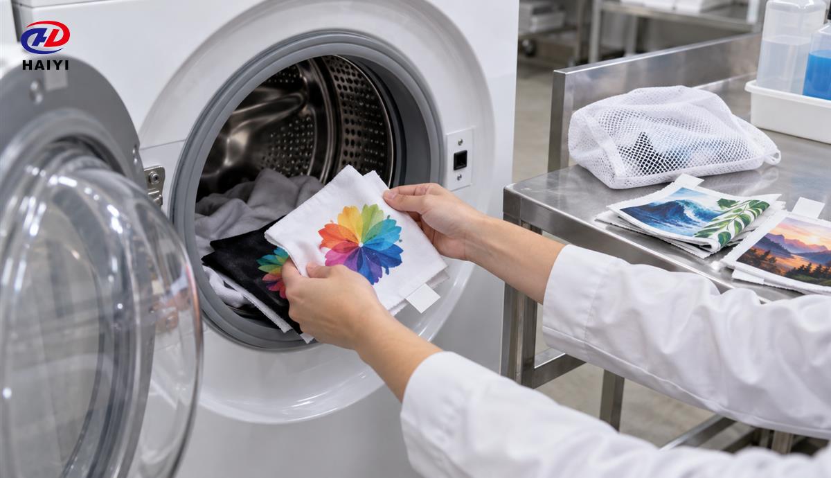Printed fabric samples being loaded for a controlled DTF wash durability test