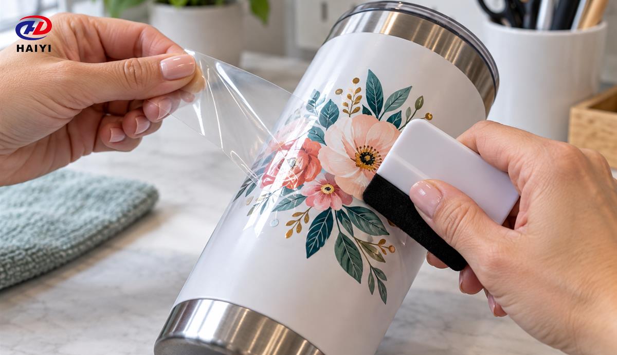 Hands applying a glossy UV DTF crystal label to a metal tumbler