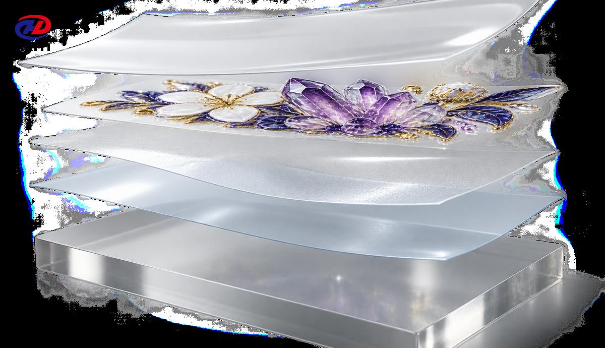 Exploded layers of UV DTF A film printed design adhesive carrier and hard surface