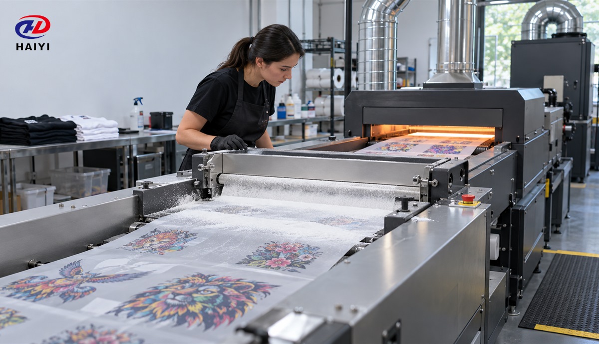 DTF adhesive powder application and curing line