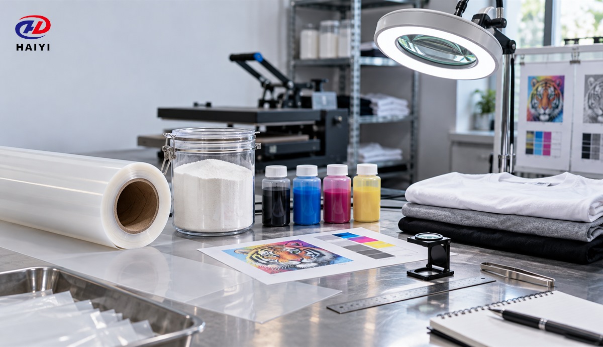 DTF film powder ink and garments arranged for moisture diagnosis