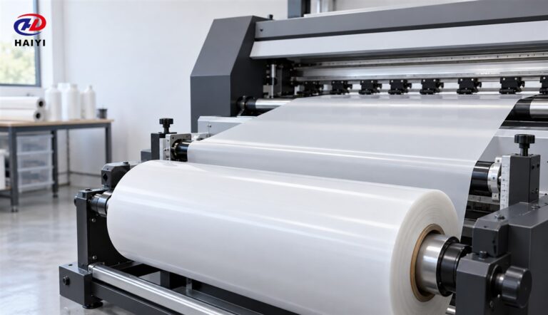 DTF film roll feeding through a production printer
