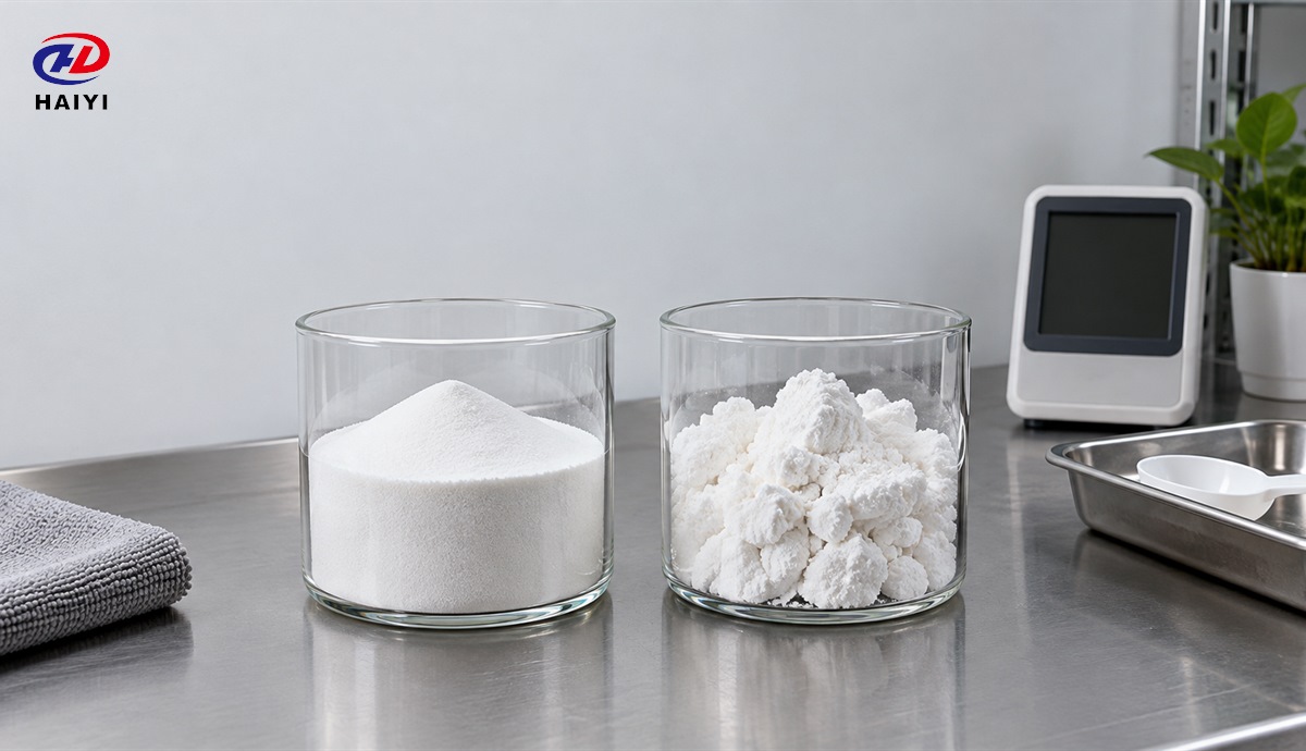 Dry free-flowing DTF powder compared with moisture-clumped powder