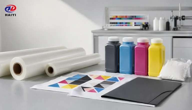 DTF film ink and sealed powder samples prepared for compatibility review
