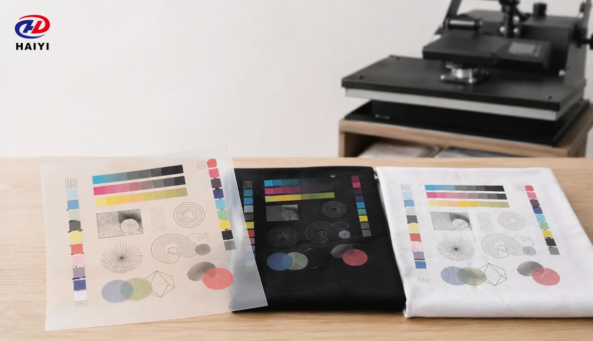 Diagnostic DTF artwork on film and fabric samples for transfer evaluation