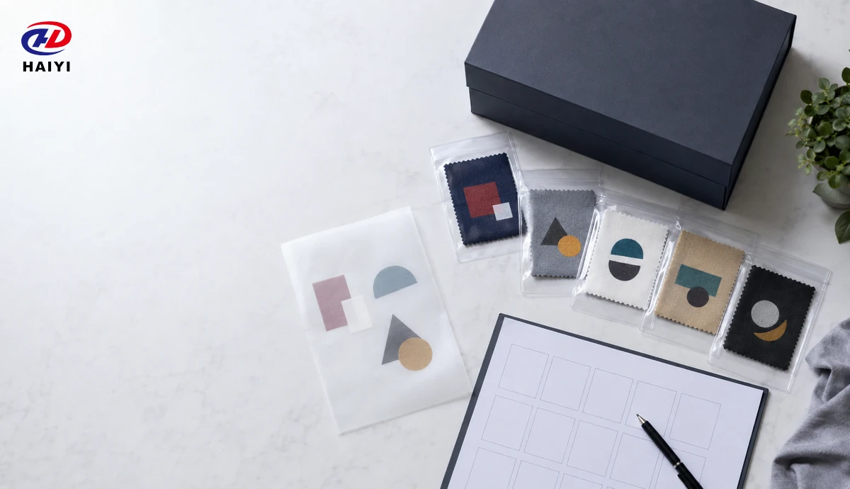 Retained DTF fabric samples with an approval worksheet