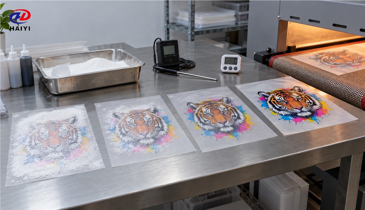 DTF transfer samples undergoing controlled curing tests