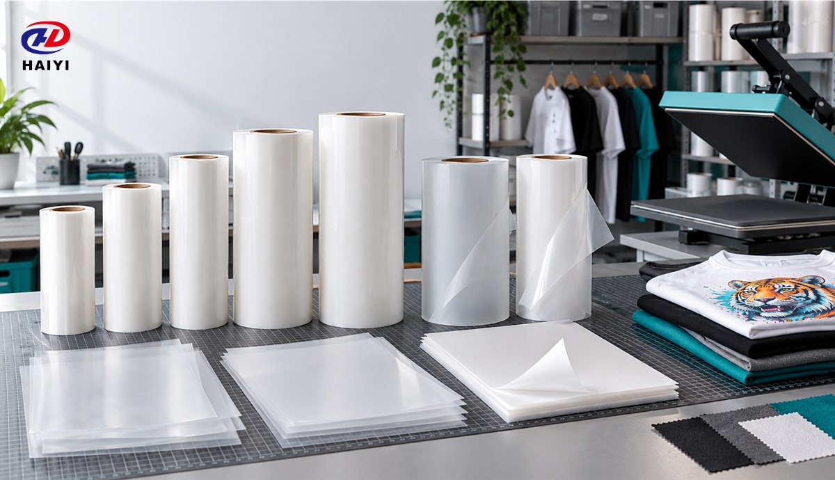 DTF film rolls and sheets organized by format and production application