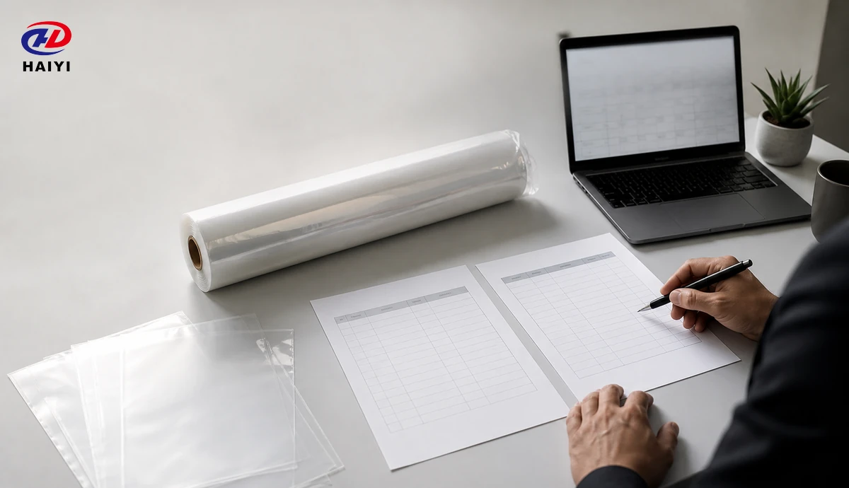 Buyer reviewing DTF film quality documents beside a packaged roll