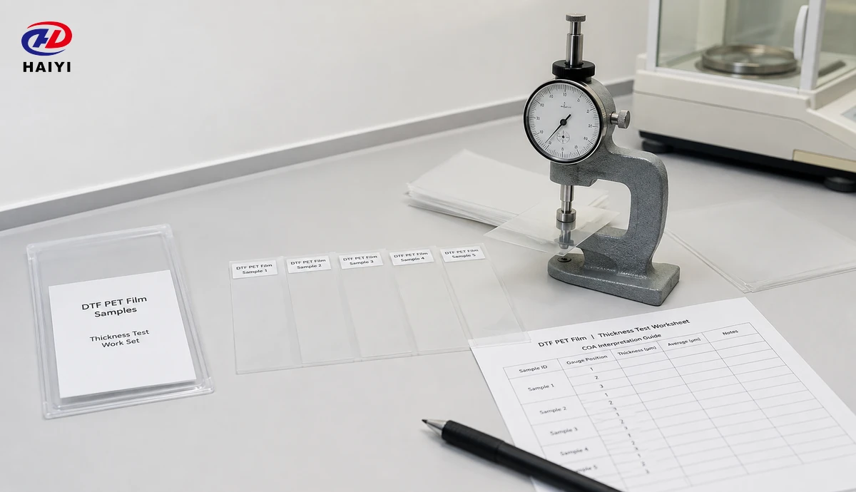 DTF PET film samples beside a thickness gauge and measurement worksheet