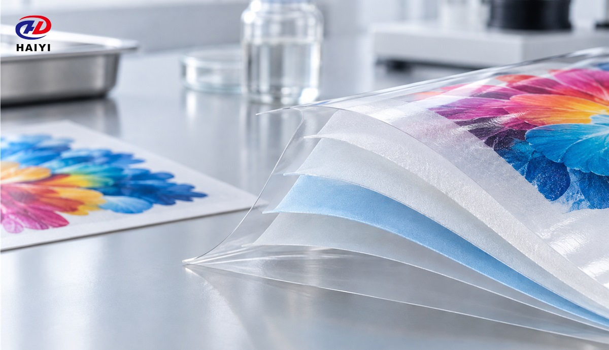Layered DTF transfer film showing PET carrier and functional coating structure